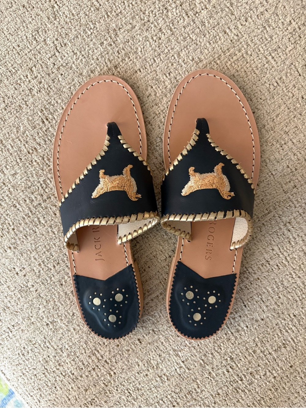 Jack Rogers Navy Leather Sandals with Embroidered Golden Retriever